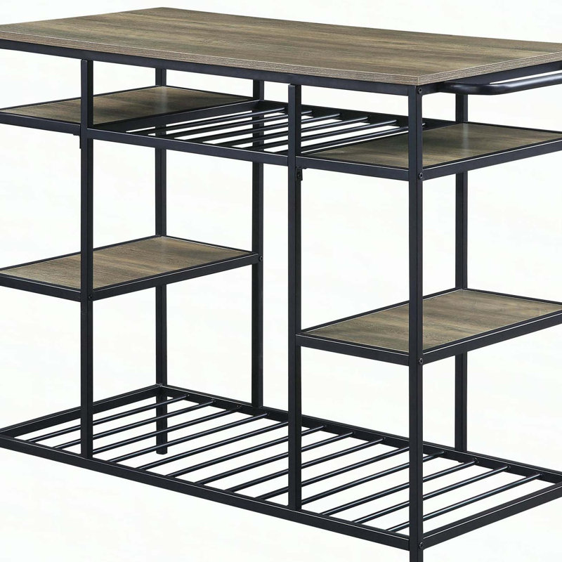 Îlot de cuisine en chêne rustique et noir avec tablettes ouvertes