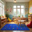 KidCarpet.com Seating Squares Multi on Blue Rug, 7'6"x12' Rectangle-106877279