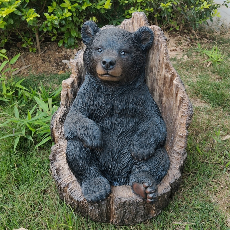  Lone Cub Haven: Intriguing Black Polyresin Bear in Stump Figurine