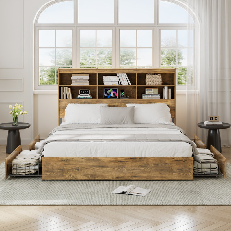 Double Bed Frame With Tall Storage Bookcase Headboard, 4 Large Storage Drawers And Charging Station, Metal Slats Support