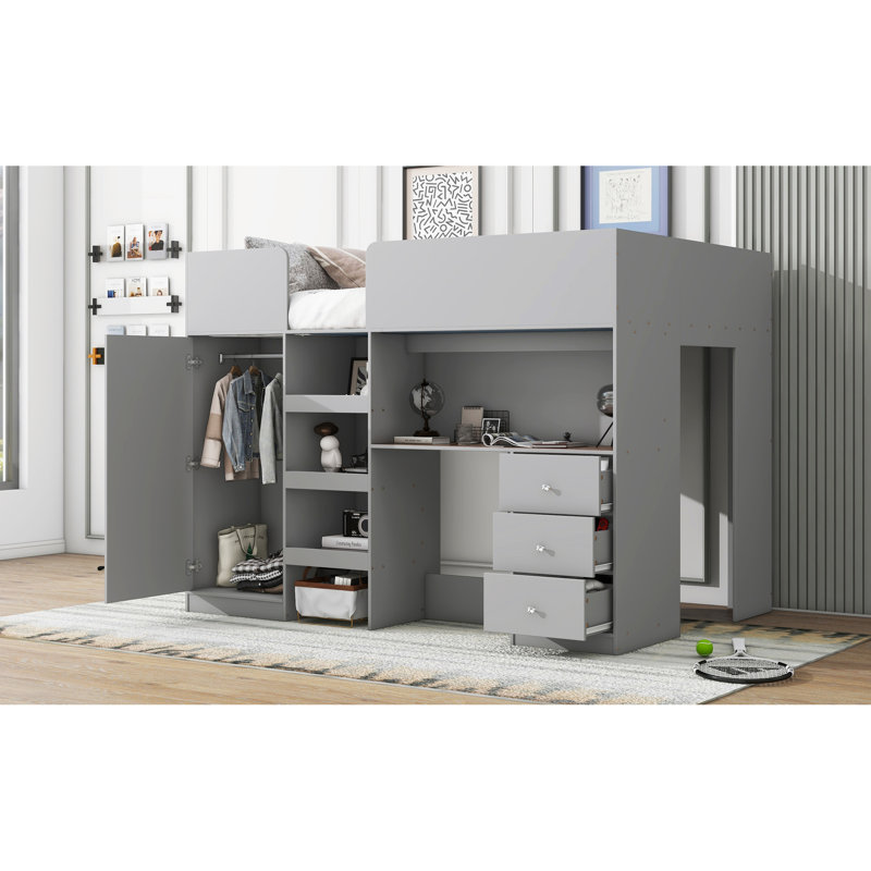 Lit mezzanine pleine grandeur gris avec garde-robe intégrée, bureau et unités de rangement spacieuses avec finition en bois, bureau et garde-robe