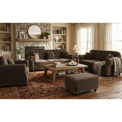 Upholstered Velvet Sofa With Nailhead Trim And Rolled Armrests,Mid-Century Modern Chesterfield Sofa With Button Tufted,Includes 1 Ottoman