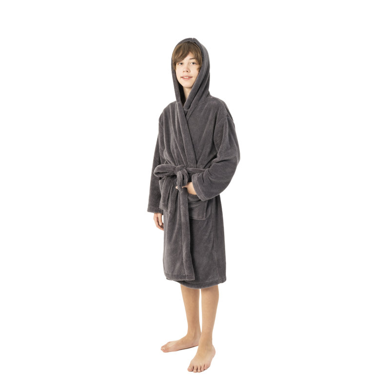 Kids' XL Gray Microfiber Plush Fleece Hooded Bathrobe