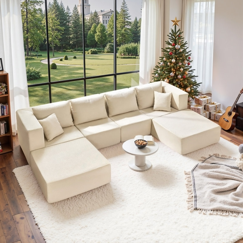 Canapé-lit modulaire de 140 po, Velours côtelé beige et blanc