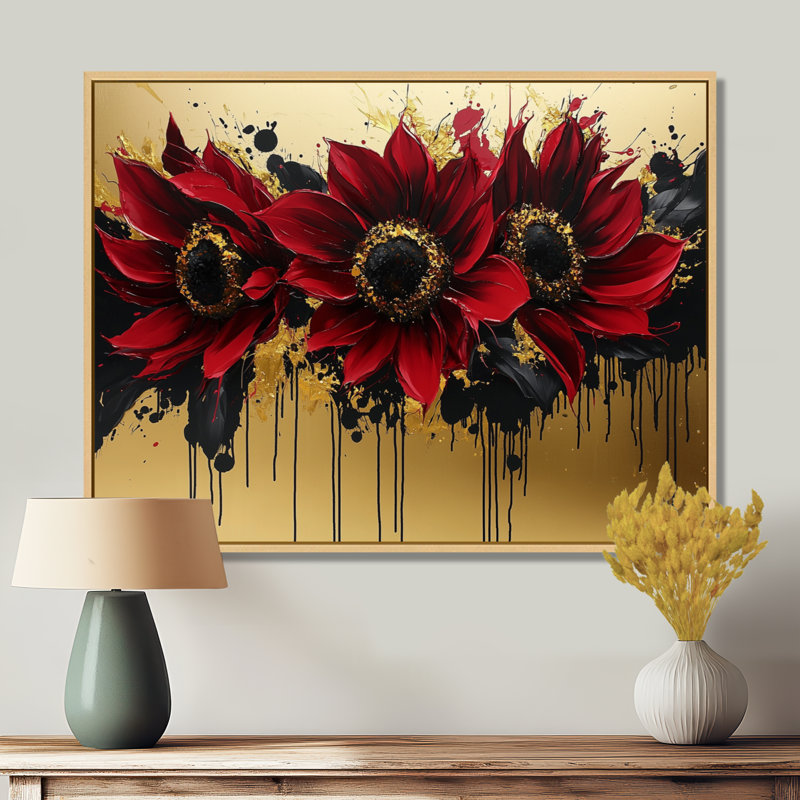 «Vibrant Fiery Garden of Absract Sunflowers II» - art mural tournesols, H 30 po x l 40 po, Toile tendue, Ne s’applique pas