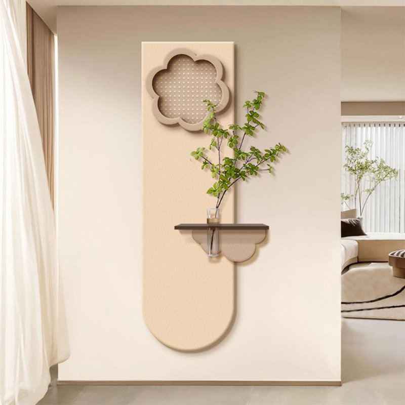 Art mural crémeux floral en grès avec tablette flottante - Décoration hydroponique de vestibule