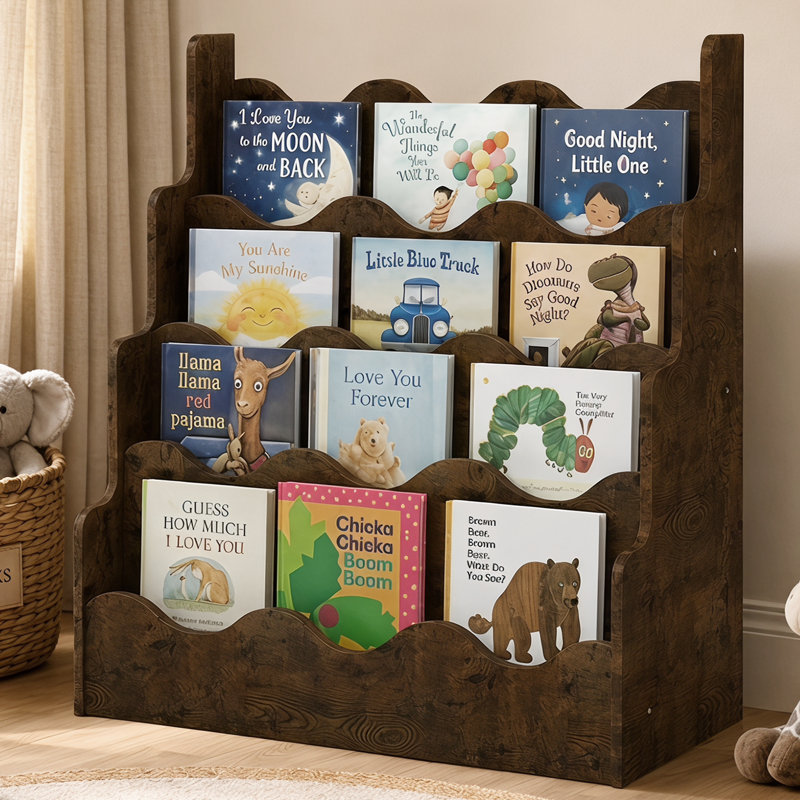  4-Tier Scalloped Kids Bookshelf, Toddler Montessori Book Shelf Organizer for Nursery, Playroom & Classroom, Rustic