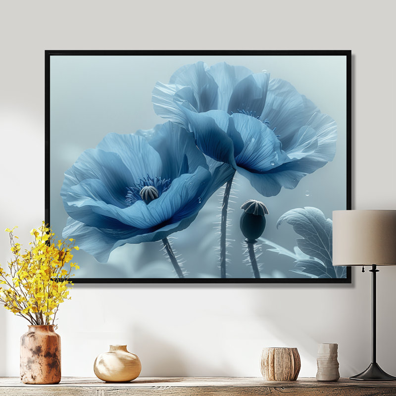 Bleu et gris beauté éthérée coquelicots II - coquelicots, salon d'art mural, Toile avec cadre flottant noir