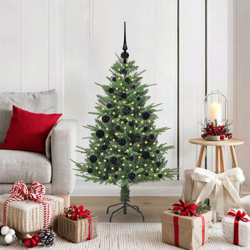 Artificial Pre-lit Christmas Tree with Ball Set, Green/Black, 120cm H