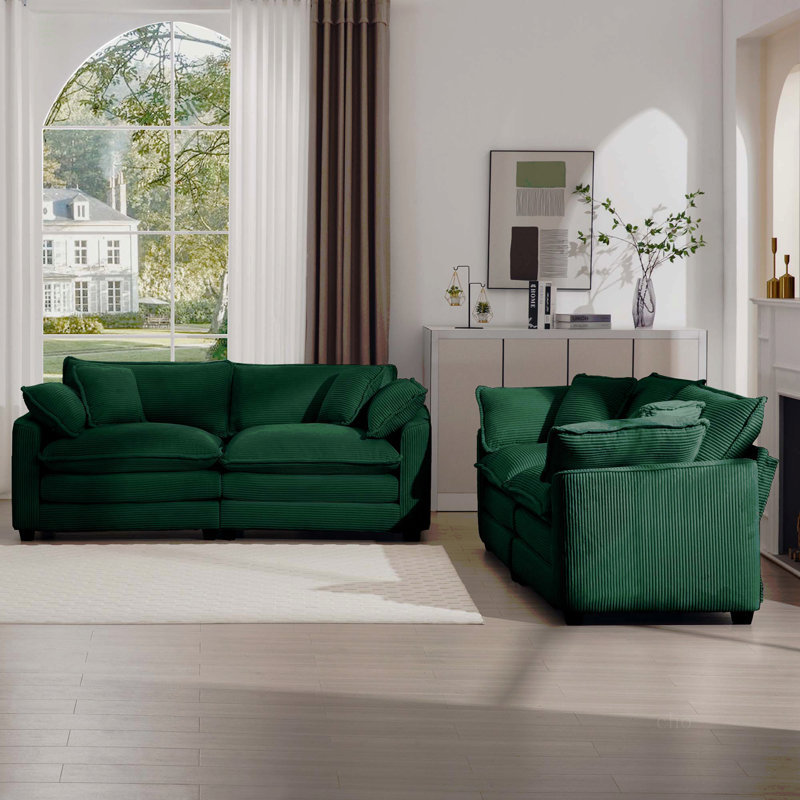 Ensemble de canapé de salon en tissu moderne deux pièces, deux canapés 2 places avec grand fauteuil inclinable profond à 8 coussins, tissu en velours côtelé vert