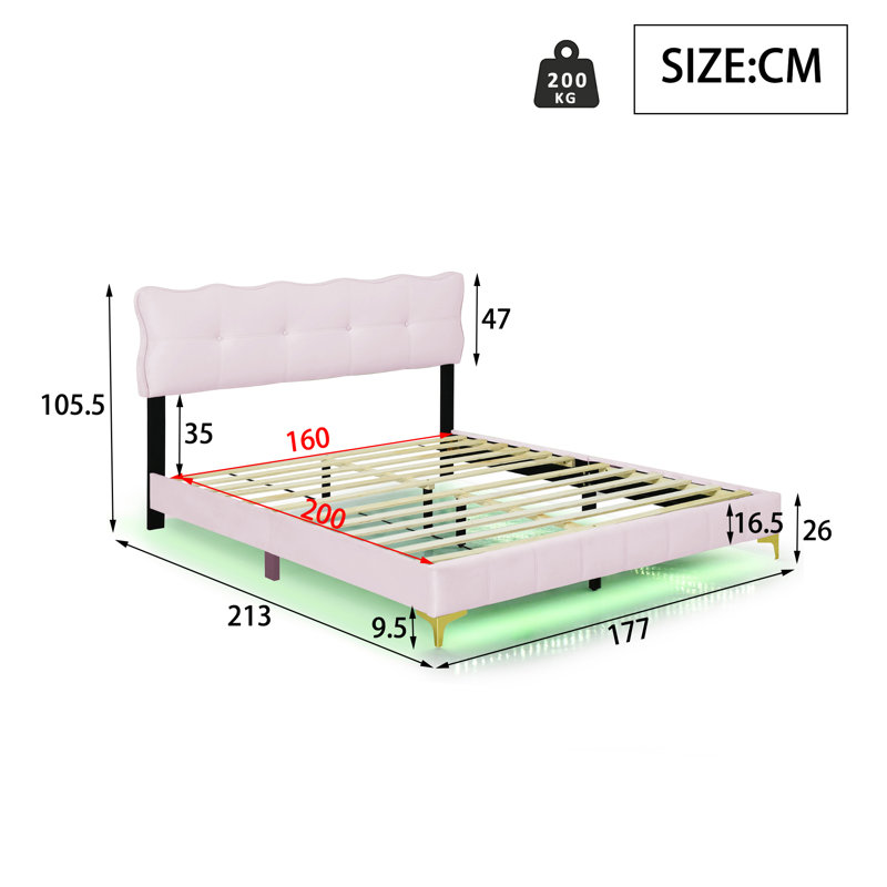 Celena Upholstered Bed, Pink, European Kingsize (160 x 200cm)