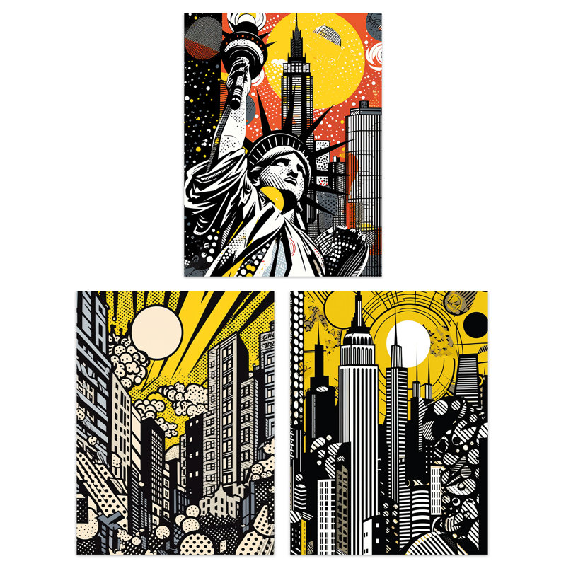 New York City Yellow Orange Statue Of Liberty Skyscrapers - 3 Piece No Frame Print Set, 40.5cm H x 30.5cm W x 0.3cm D