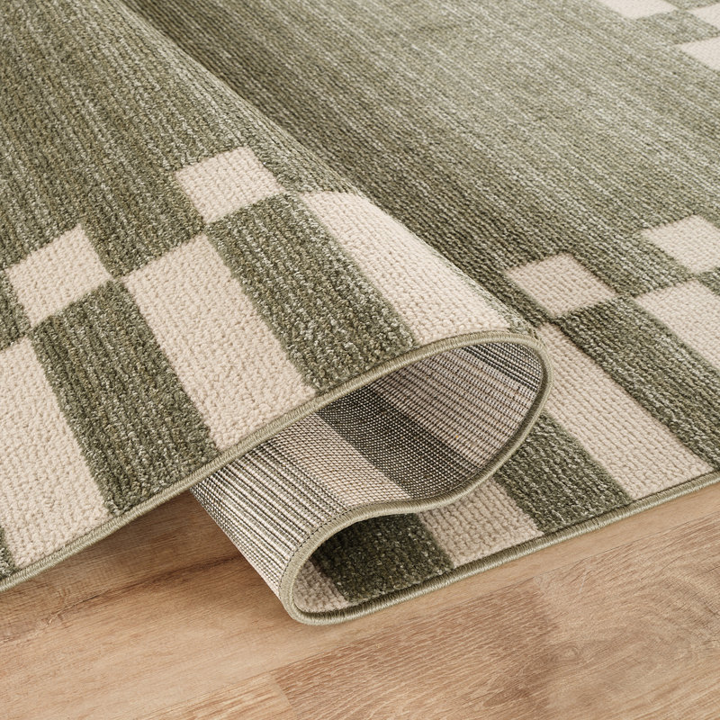 Fifth Avenue Check Border Rug, Olive,Off-White, Rectangle 152 x 225 cm