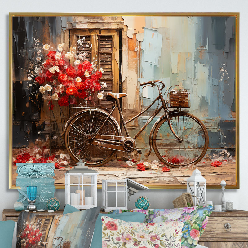 «Crimson Ride Red Flowers - Vélo, art mural», H 24 po x l 32 po x P 1 po, Cadre flottant doré