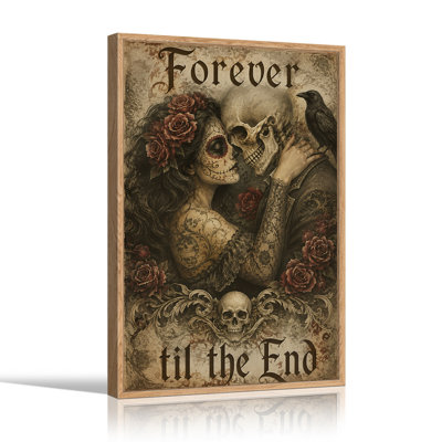 Sugar Skull Woman and Skeleton with Roses in Halloween Canvas Wall Art