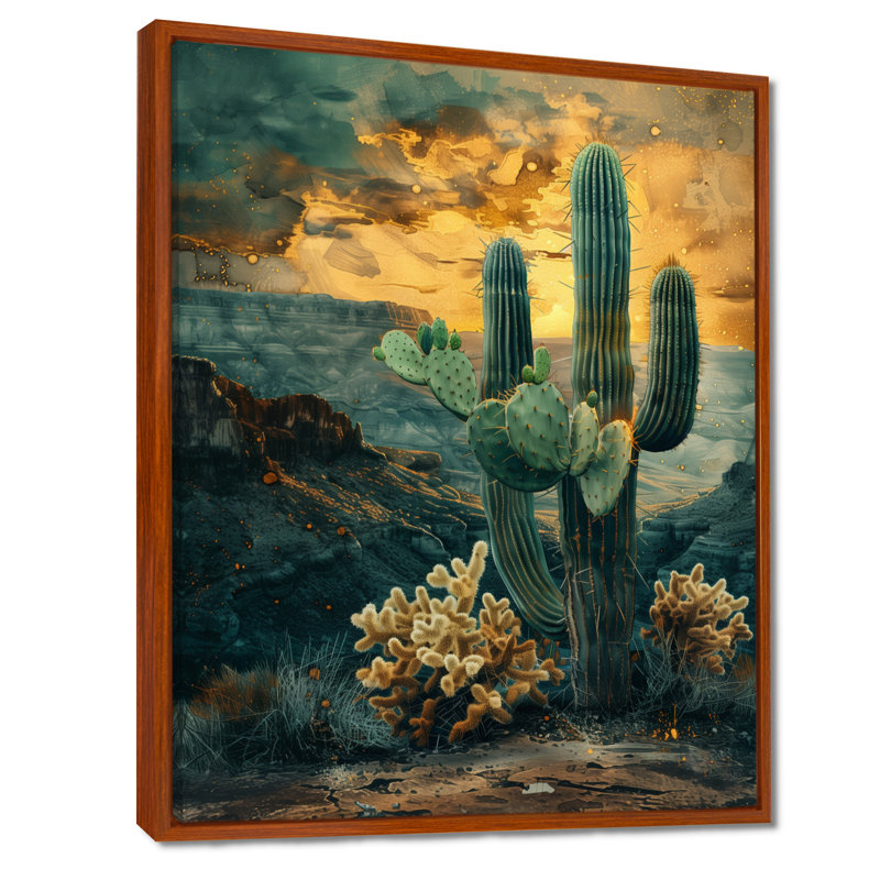 Vert, jaune, gardian du désert, cactus I, Toile encadrée noire simple, H 20 po x l 12 po x P 1 po