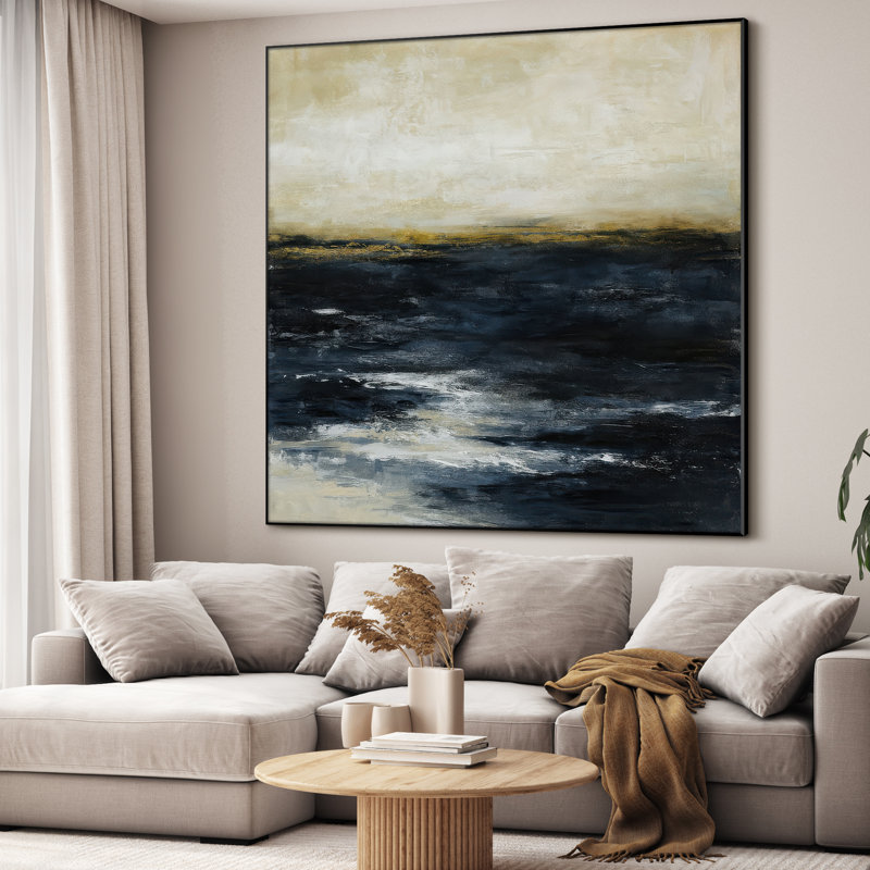 Très grand art marin abstrait abstrait - Décoration murale contemporaine texturée bleu foncé, crème et or pour le salon ou la chambre à coucher, Très grand art abstrait marin abstrait - Décoration murale contemporaine texturé bleu foncé, crème et or pour le salon ou la chambre à coucher