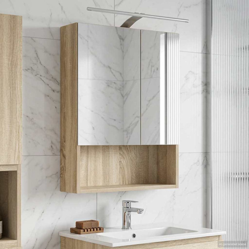 Mirrored Bathroom Cabinets with Mirror and 2, 70cmH x 50cmW x 14.5cmD, Sonoma Oak
