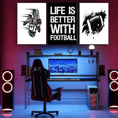 3 pièces Football américain sur toile, art mural noir et blanc, décoration murale, peinture, inspiration, affiche, affiche de sport pour garçons, vestiaire, salon, décoration de la maison