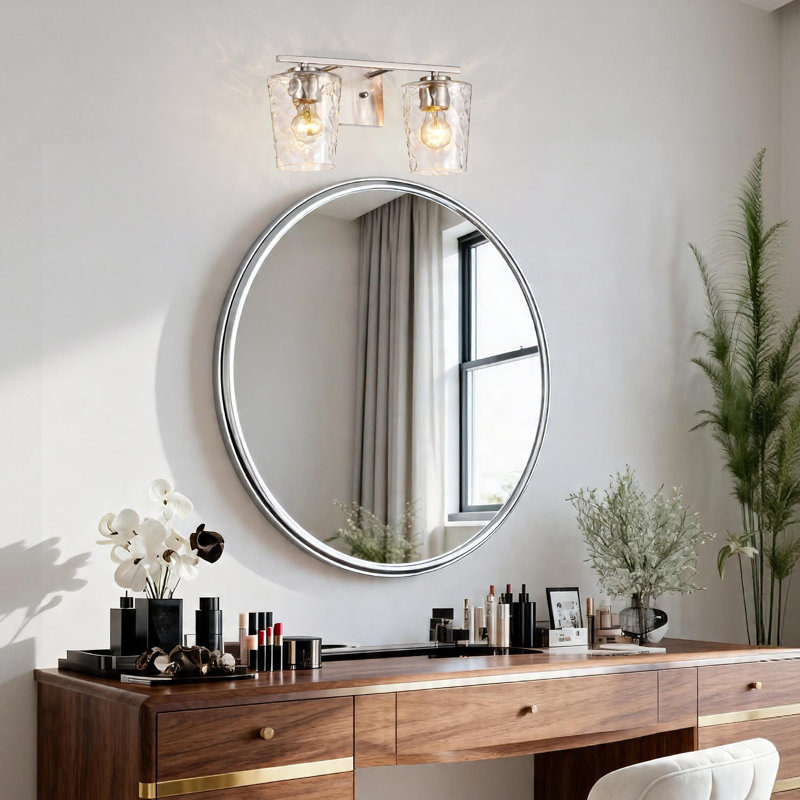 Éclairage pour salle de bain 2 lumières en nickel brossé 15 po avec abat-jour en verre martelé transparent, Nickel brossé