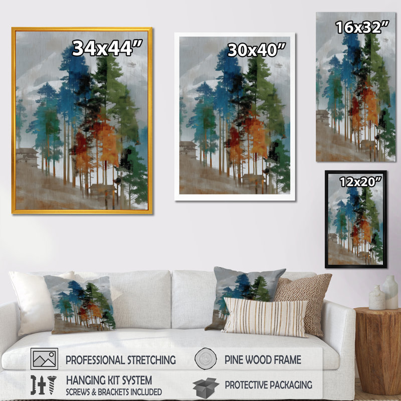 «Winter Pine Tree Forest At Goat Rock Beach», art mural sur toile, paysage vert encadré, 32" H x 24" W, Cadre photo unique