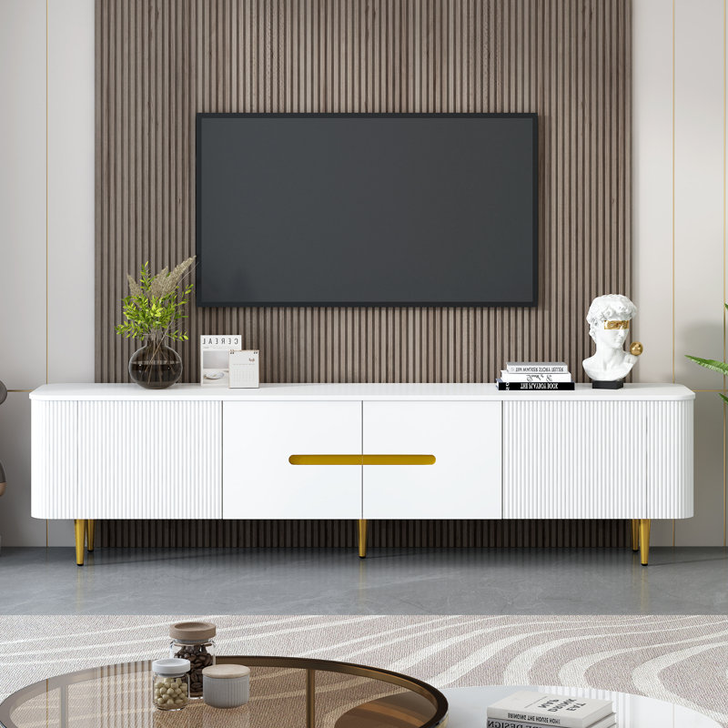 Meuble télé 78,7 po minimaliste pour téléviseur de 85 po ou moins, meuble multimédia moderne avec 4 armoires spacieuses pour le salon