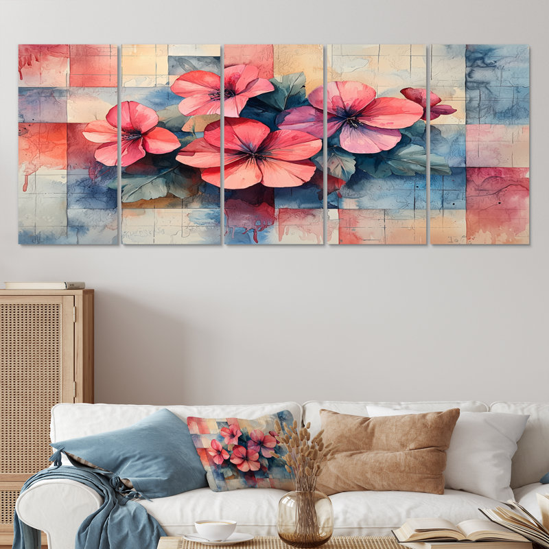 Art moderne symétrique géranium chaotique - géraniums - Art mural traditionnel, H 32 po x l 80 po, 5