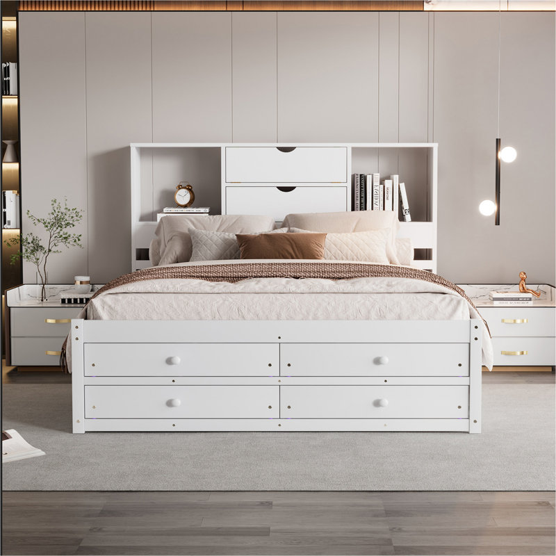 Brackney Platform Bed with Storage Headboard and 8 Drawers, White, Queen