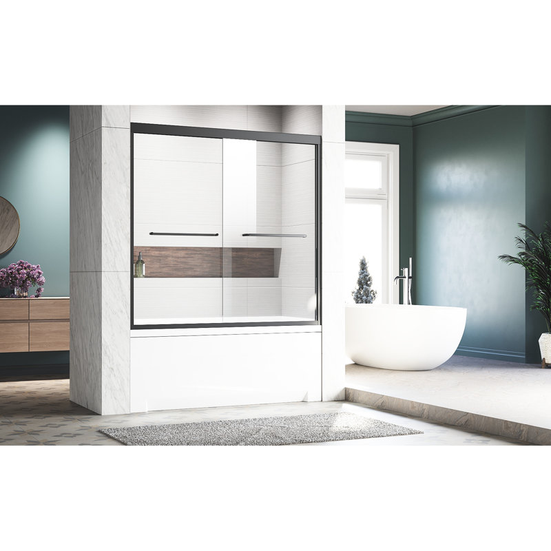 Matte Black Semi Bathtub Door 56 - 60 In. W X 57 H, Clear Tempered Glass, Stainless Steel Handles, Width Adjustable Tub Rust- Handles