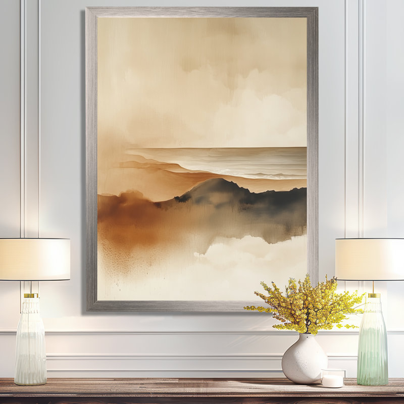 Art mural abstrait côtier, toile beige moderne, sable côtier apaisant, H 20 po x l 12 po, Silver Picture Framed