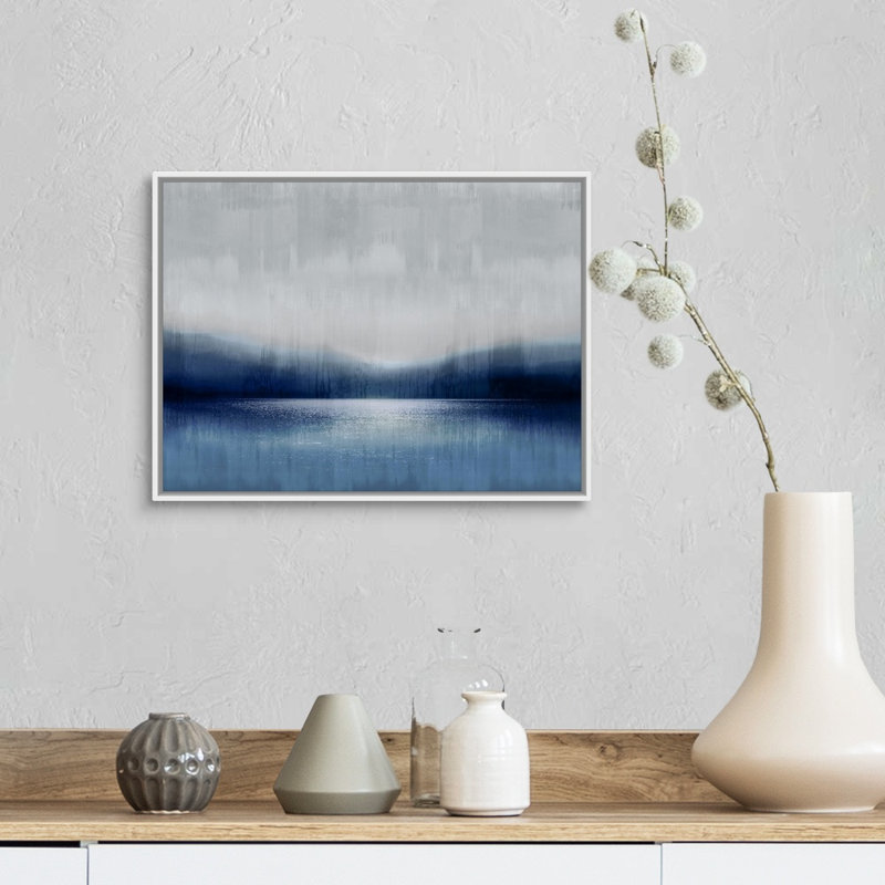Reproduction d’art sur toile abstraite Landscape Indigo Lake 2 par David Moore, Cadre blanc, H 14 po x l 18 po x P 1,75 po