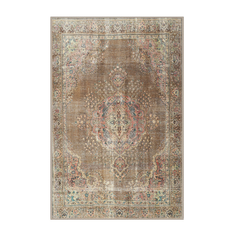 Tapis beige/rouge/brun moyen traditionnel Kaiti, Rectangle 5 pi x 7 pi