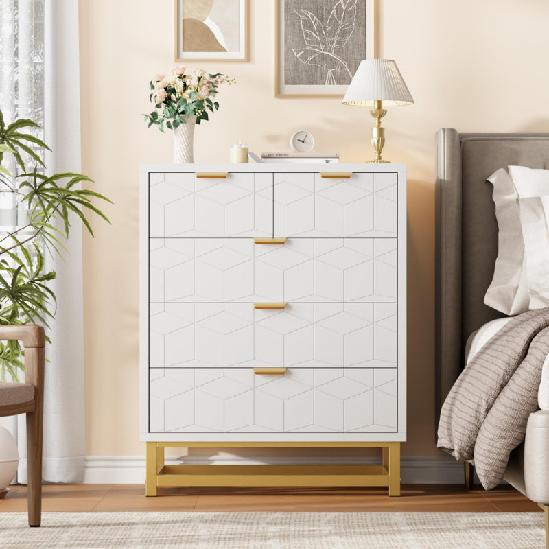  5 Drawer Contemporary Dresser for Bedroom, Chest with Gold Handles and Metal Legs, Wide Storage Drawers for Entryway, Living Room