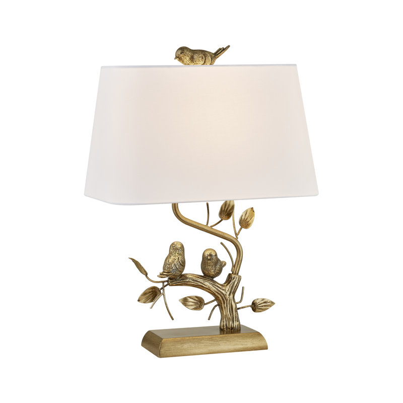 Lampe de table en résine dorée 22 "avec oiseaux et abat-jour rectangulaire en lin, Doré, Blanc