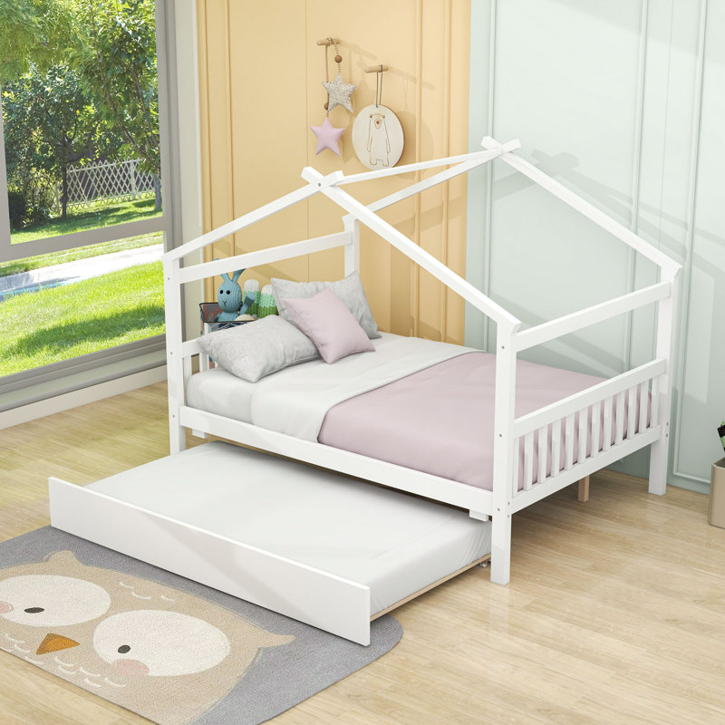 Wood House Bed With Pull-Out Twin Trundle, Full, White