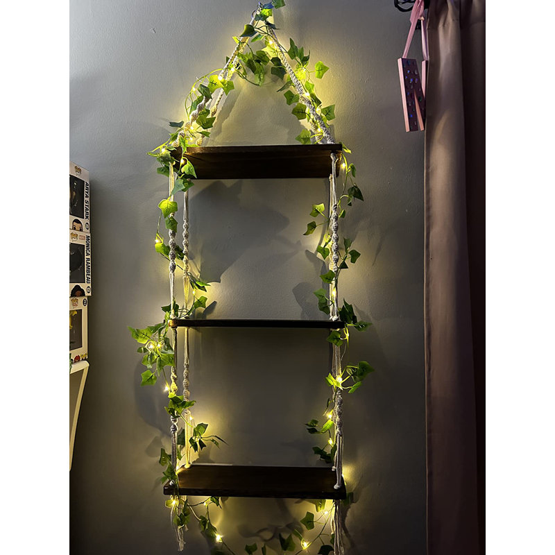 3 Tier Floating Shelf Wall Storage with Handmade Woven Ropes and Vine Lights