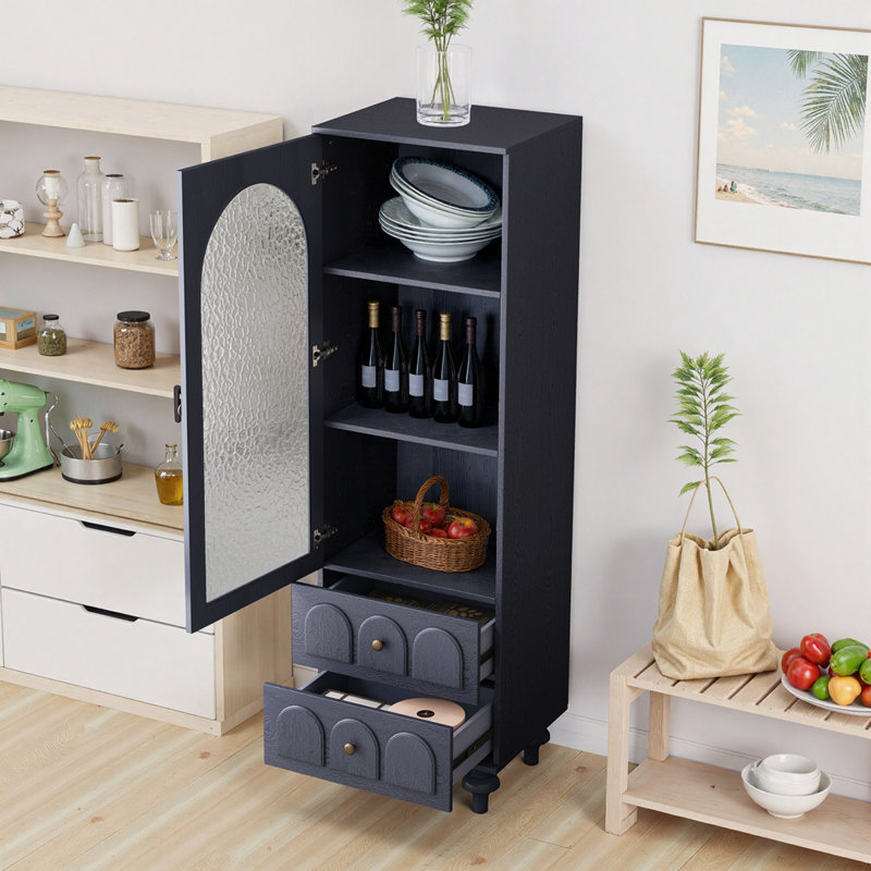 Grande armoire de rangement avec porte en verre trempé, deux tiroirs et tablette réglable pour une organisation polyvalente