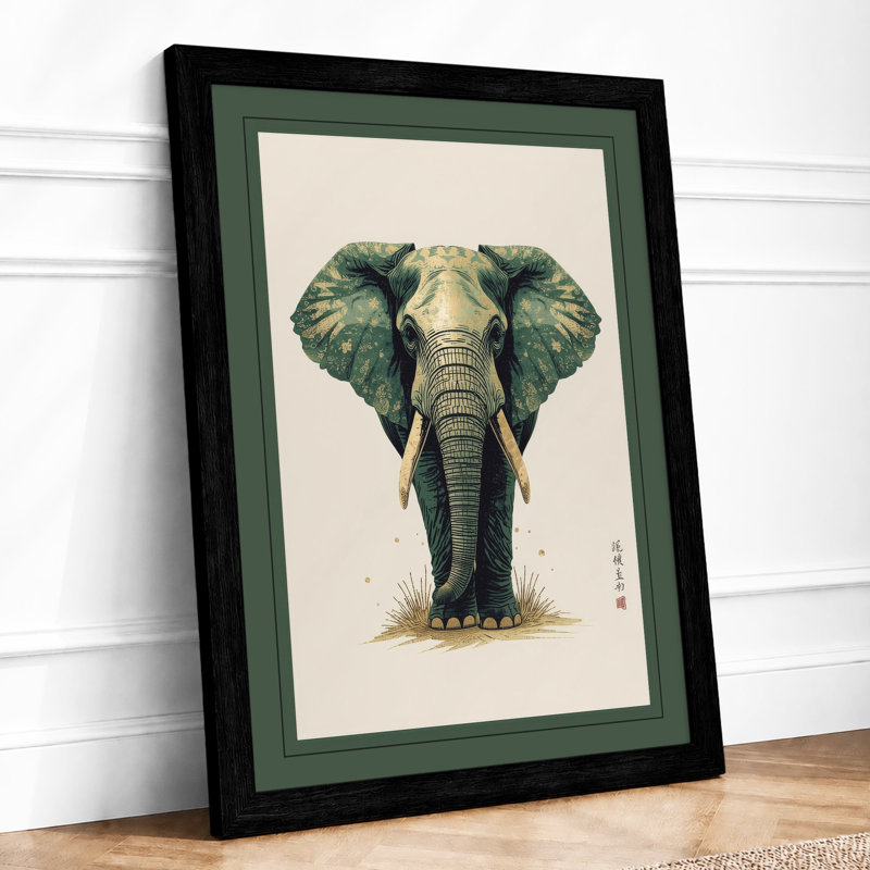 Elephant Portrait Japandi - Framed Print, A1 - 84.1 x 59.4 cm, Black