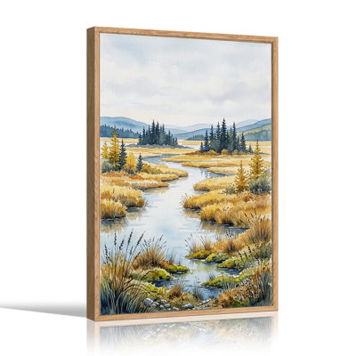 Tableau sur toile représentant un paysage fluvial avec des marais dorés et des montagnes bleues