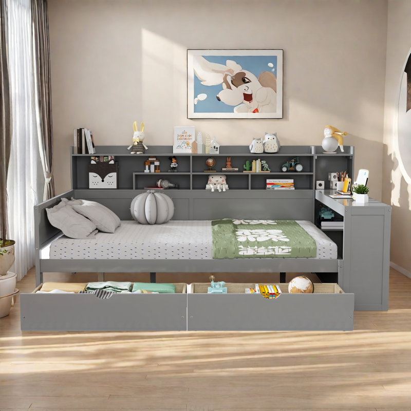 Multifunctional Wooden Daybed With Storage Shelves, Study Desk And 2 Drawers, Gray, Full