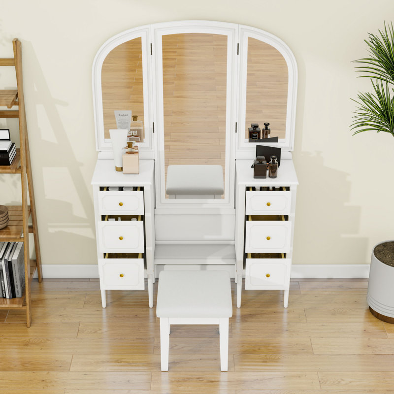 Bureau de coiffeuse avec miroir triple, tiroirs et tabouret rembourré