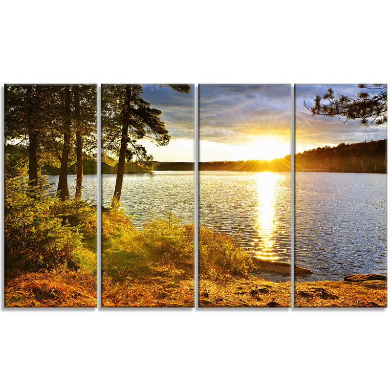 Sunset Over Lake Landscape Canvas Print in 4 Panels