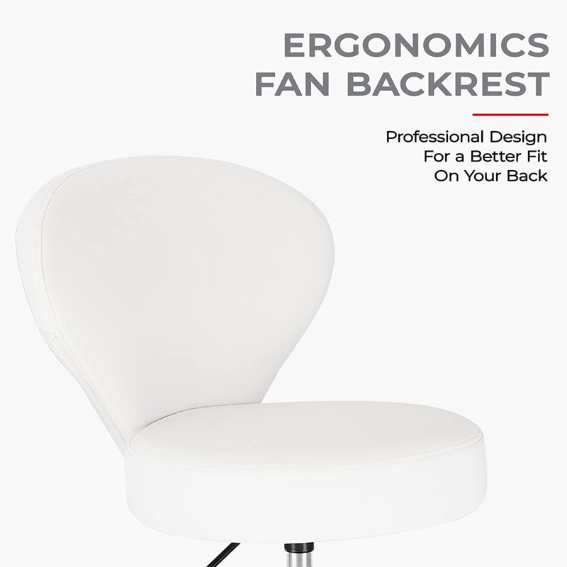 Backed Adjustable Height Ergonomic Lab Stool with Footring Wheels, White