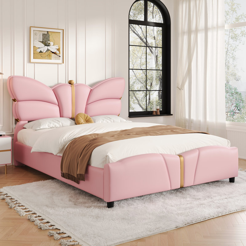 Lit rembourré en cuir de polyuréthane rose avec tête de lit d'inspiration papillon, structure en métal, structure, pas de sommier tapissier requis, accents faciles à assembler, base, ressort, assemblage rapide