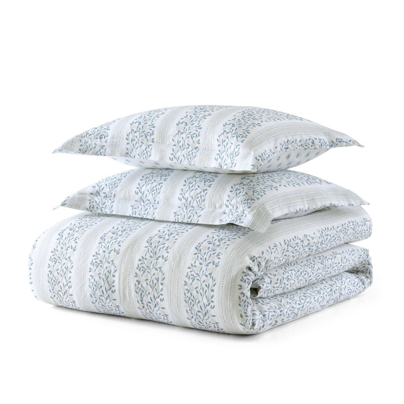 Martha Stewart Verbena Stripe Cotton Reversible Blue Duvet Cover Set, Queen Duvet Cover + 2 Standard Shams