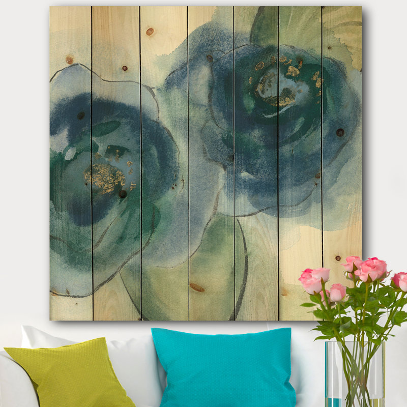 Blue Floral Poppies III - reproduction de chalet sur bois de pin naturel, H 16 po x l 16 po x P 1 po