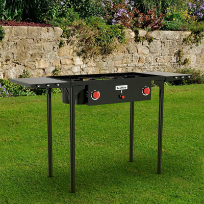 150,000 BTU Dual Burner Camping Stove with Auto-Ignition - Portable Outdoor Gas Cooker with Detachable Legs, Side Tables & Regulator for Backyard BBQ, Tailgating & RV Trips