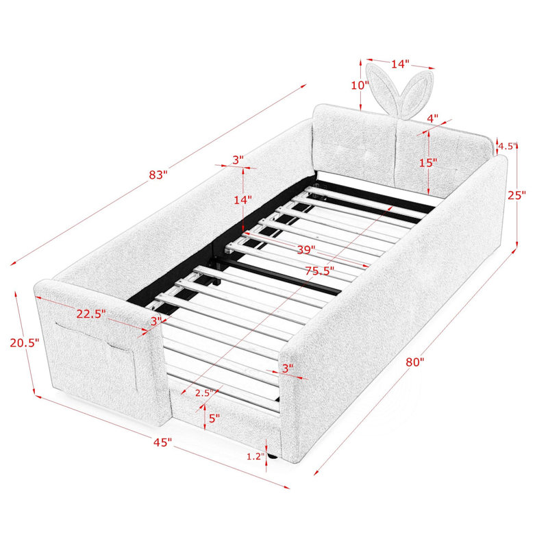 Cadre de lit rembourré pour enfants avec rails de sécurité et rangement, lit plateforme Boucle avec tête de lit et garde-corps, cyan, simple