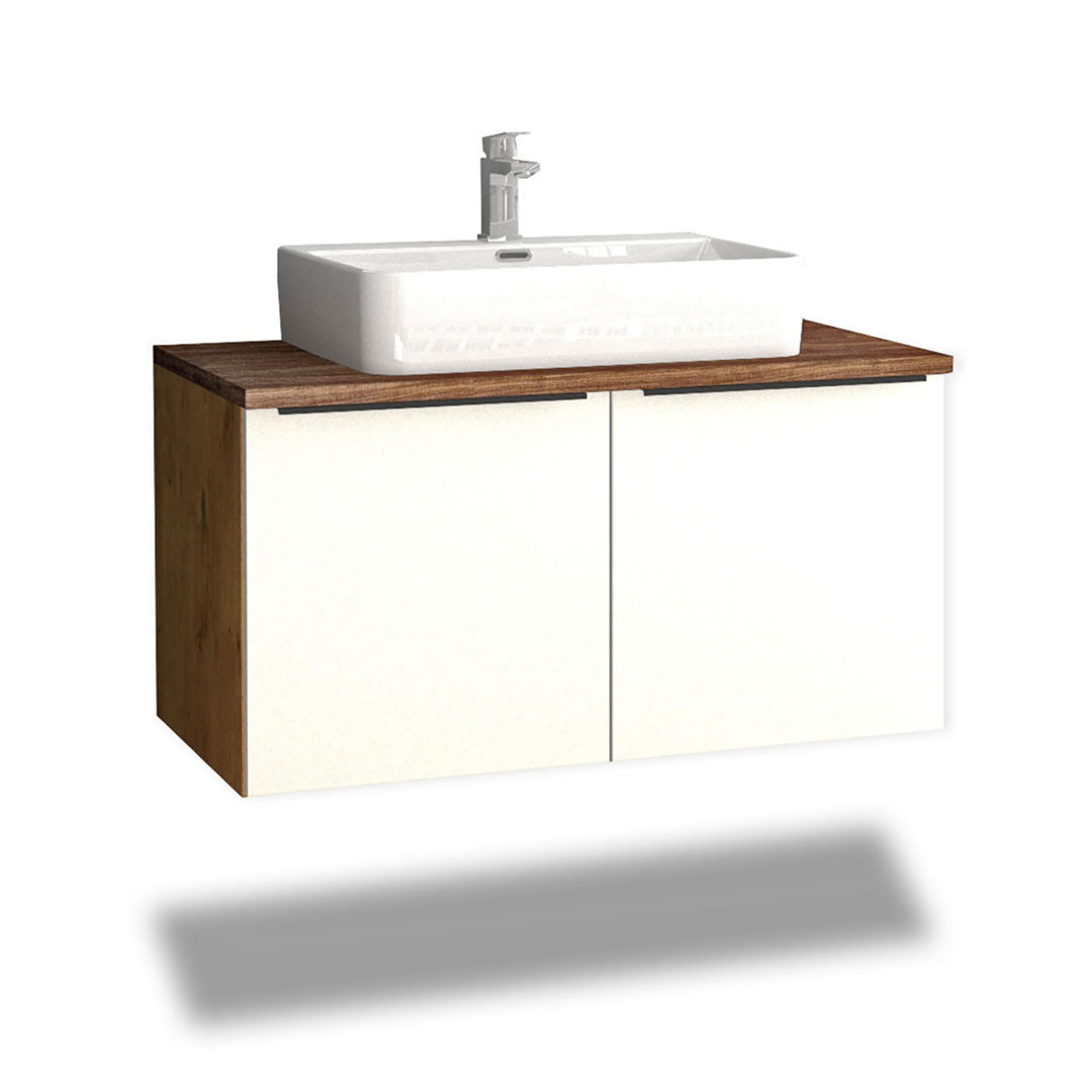Odin washbasin with base cabinet, 96cm, alpine white / rustic oak / oak, metal handles