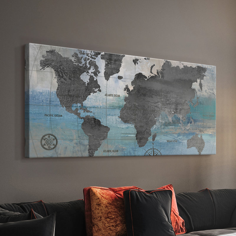 Carte du monde bleue et grise - Toile tendue avec châssis - Prêt à accrocher, H 16 po x l 32 po
